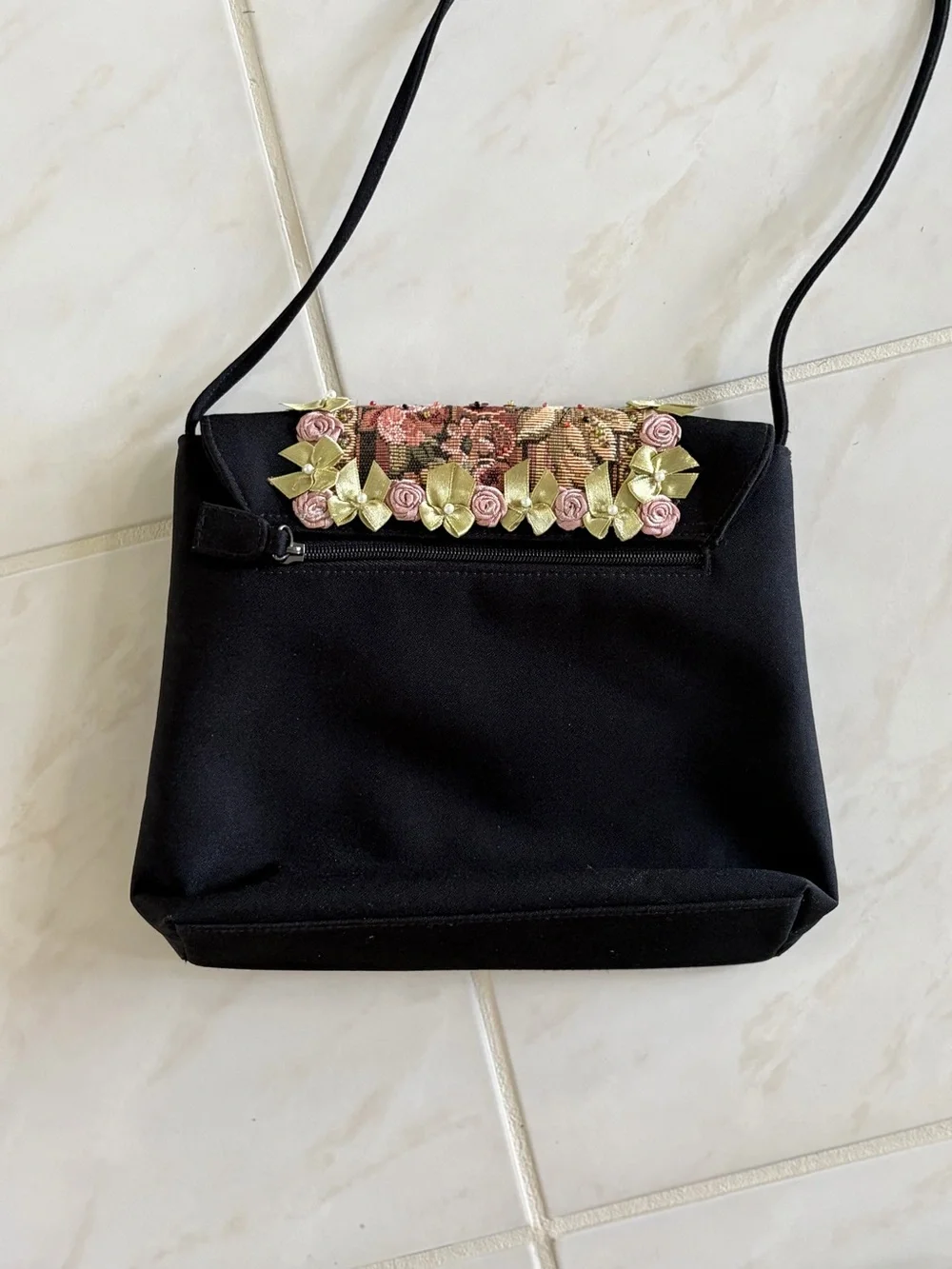 Embellished Black Crossbody Bag with Floral Beaded Panel